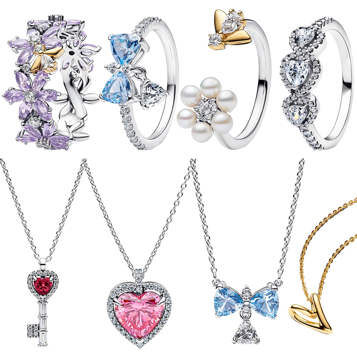 925 Silver Heart Key Pendant Necklace & Floral Gem Ring Set Elegant Couple Jewelry Gift