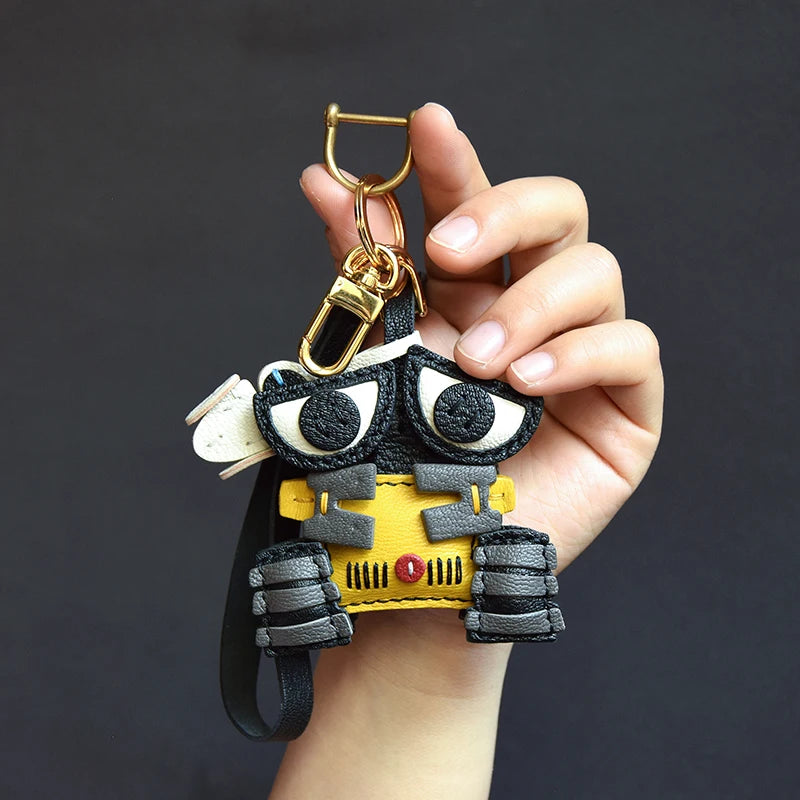 Handmade Leather Cute Robot Bag Charm KeyChain KeyRing