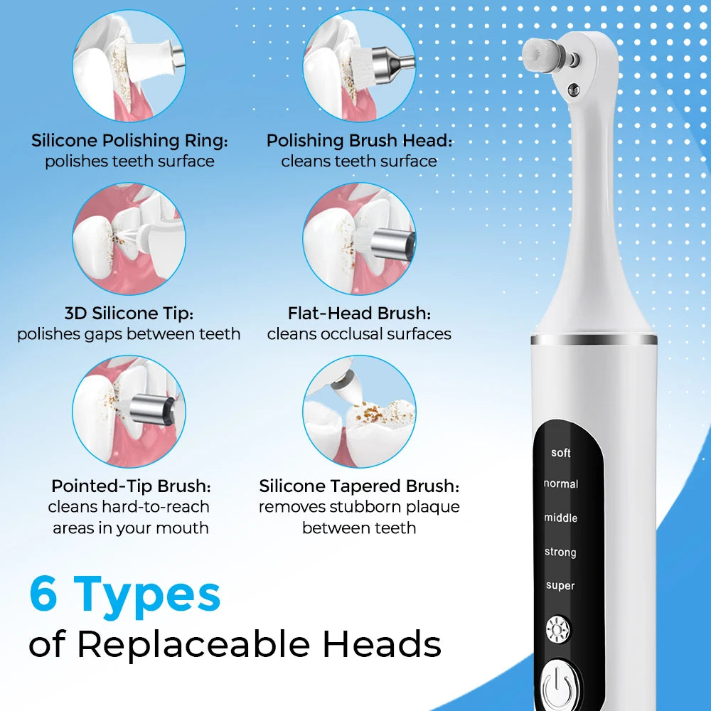 1200RPM Electric Tooth Polisher Teeth Whitening Cleaner 5 Modes with 5 or 6 Brush Heads LED Light Plaque Dental Tartar Remover