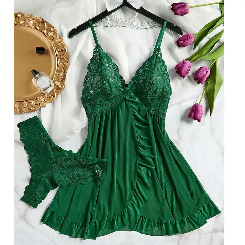 Women’s Summer Lace Nightdress – Sheer V-Neck Slip Sleepwear