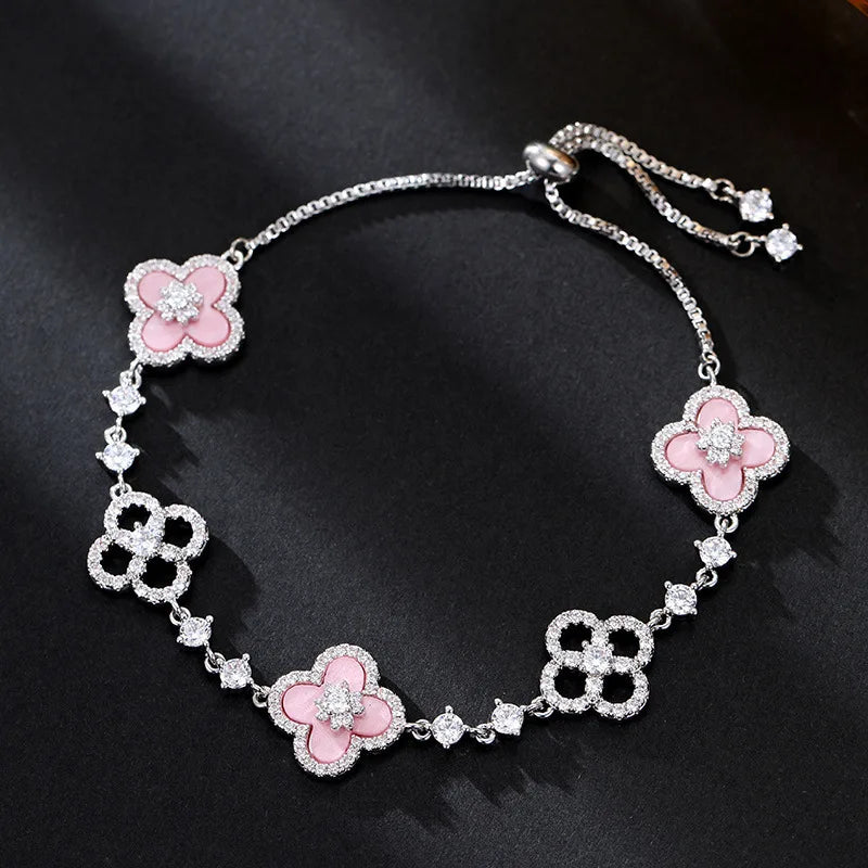 Cherry Blossom Pink Clover Bracelet Elegant Lucky Four-Leaf Flower Jewelry for Women