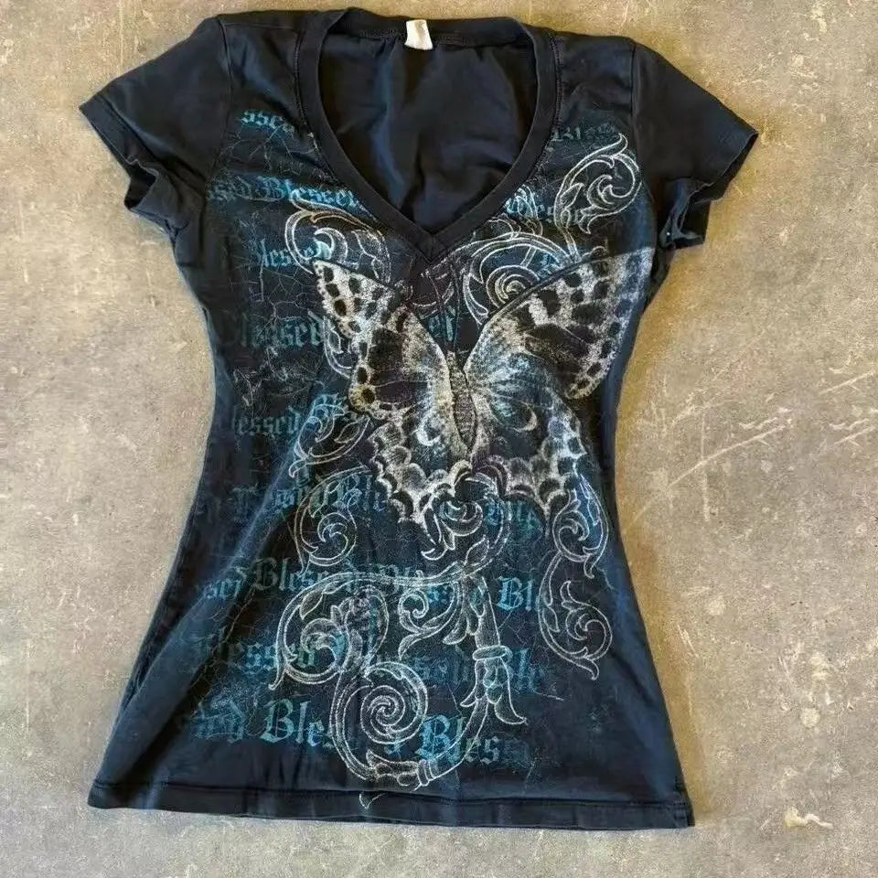 Harajuku Fairy Cropped Butterfly Printing T Shirts Vintage Grunge Streetwear Tops Women Summer Y2k Aesthetic Casual Crop Tshirts