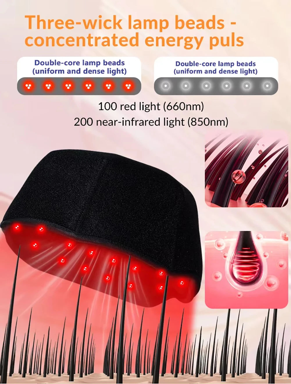 300Pcs Beams hair growth cap 650nm 850nm Red light Near Infrared Therapy Hat Anti Hair Loss Relax scalp Massager Rechargeable