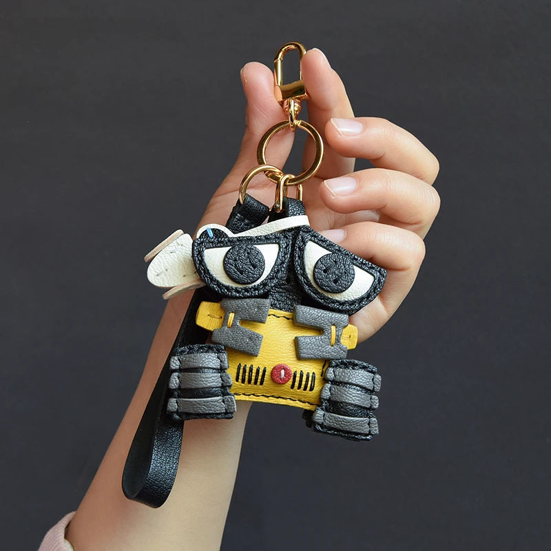 Handmade Leather Cute Robot Bag Charm KeyChain KeyRing