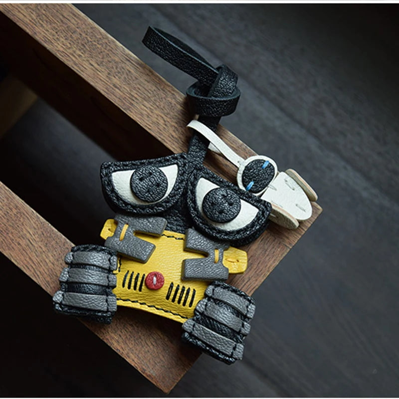 Handmade Leather Cute Robot Bag Charm KeyChain KeyRing