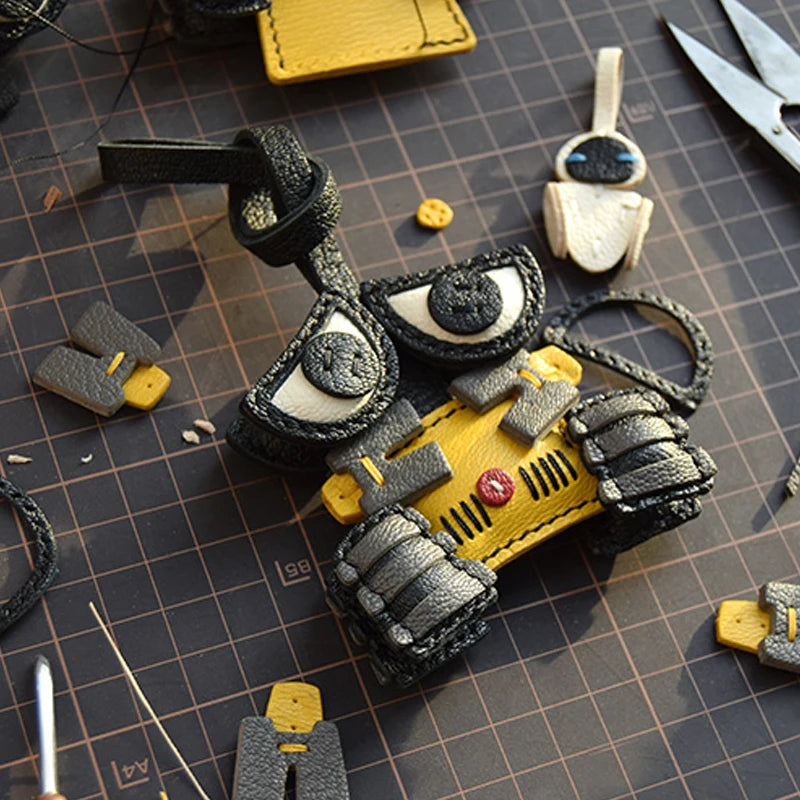 Handmade Leather Cute Robot Bag Charm KeyChain KeyRing