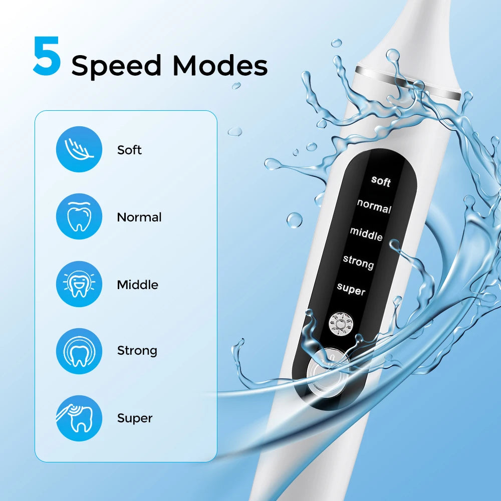 1200RPM Electric Tooth Polisher Teeth Whitening Cleaner 5 Modes with 5 or 6 Brush Heads LED Light Plaque Dental Tartar Remover