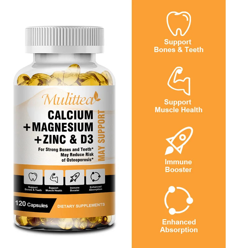 Mulittea Calcium Magnesium Zinc Capsules with Vitamin D3 for Strong Bones & Nervous System Health & Promotes Cell Growth