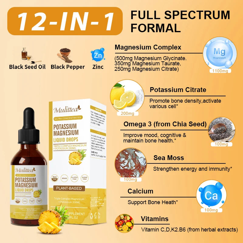 Mulittea Potassium Magnesium Drops With Vitamin D3 And Zinc For Leg Cramps Energy And Metabolism Muscle Bone Support