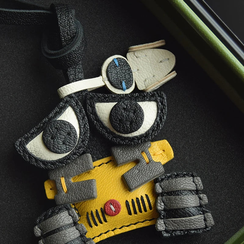 Handmade Leather Cute Robot Bag Charm KeyChain KeyRing