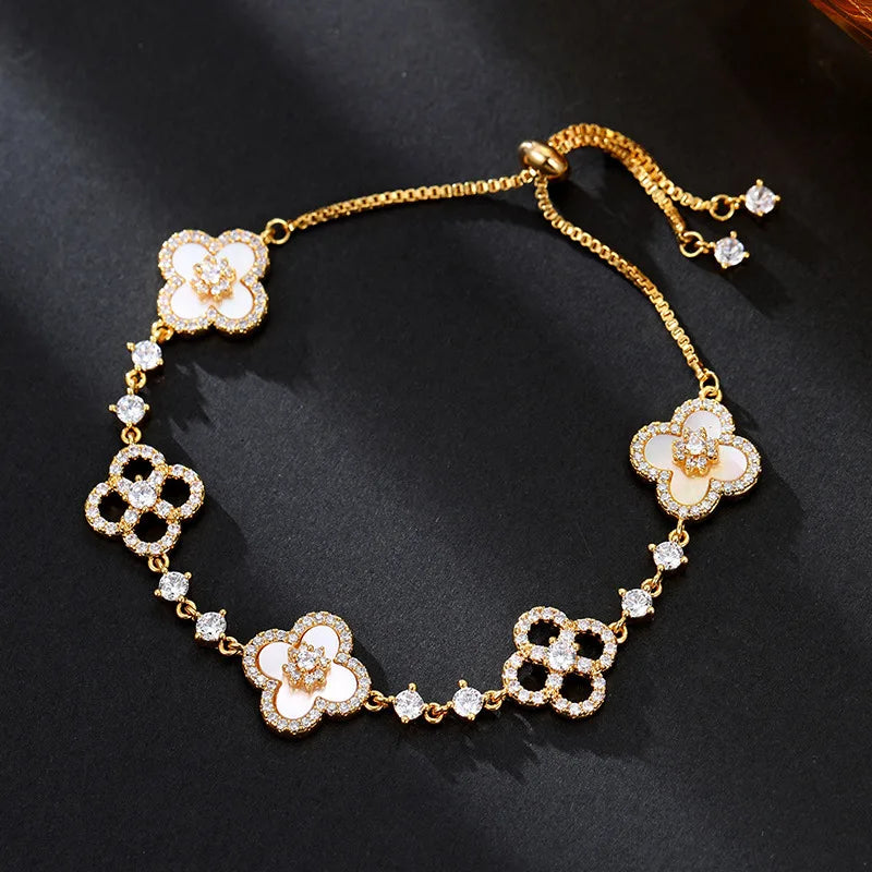 Cherry Blossom Pink Clover Bracelet Elegant Lucky Four-Leaf Flower Jewelry for Women