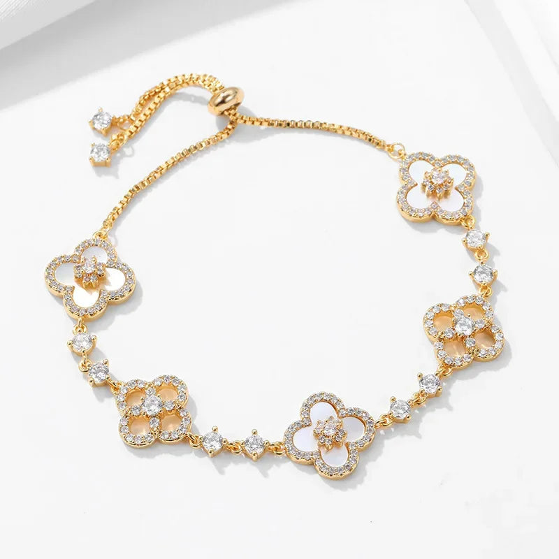 Cherry Blossom Pink Clover Bracelet Elegant Lucky Four-Leaf Flower Jewelry for Women