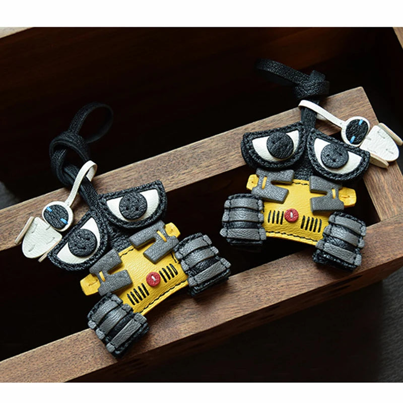 Handmade Leather Cute Robot Bag Charm KeyChain KeyRing