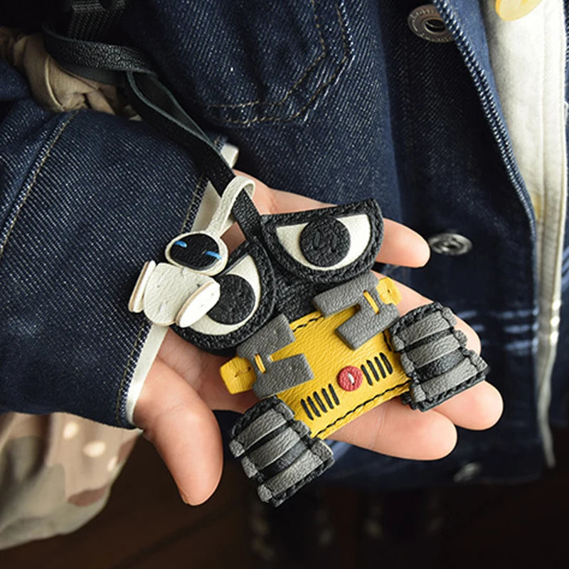Handmade Leather Cute Robot Bag Charm KeyChain KeyRing