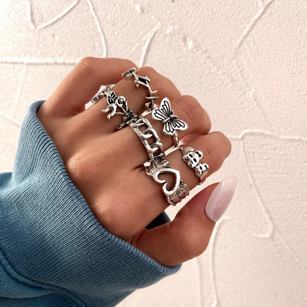 Punk Gothic Skeleton Unisex Ring Set Grunge Butterfly Frog Woman Man Jewelry Hip Hop Party Street Ring 2024 New Jewelry Gift