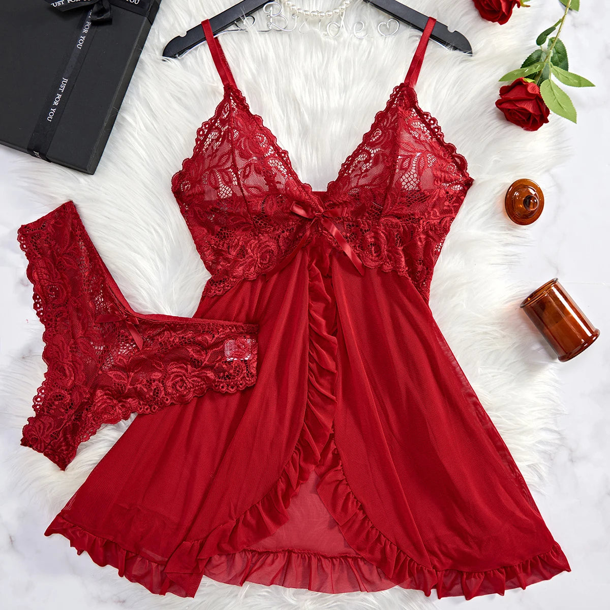 Women’s Summer Lace Nightdress – Sheer V-Neck Slip Sleepwear
