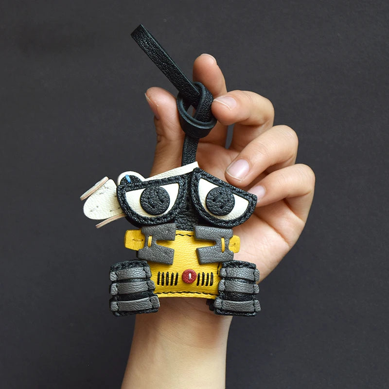 Handmade Leather Cute Robot Bag Charm KeyChain KeyRing