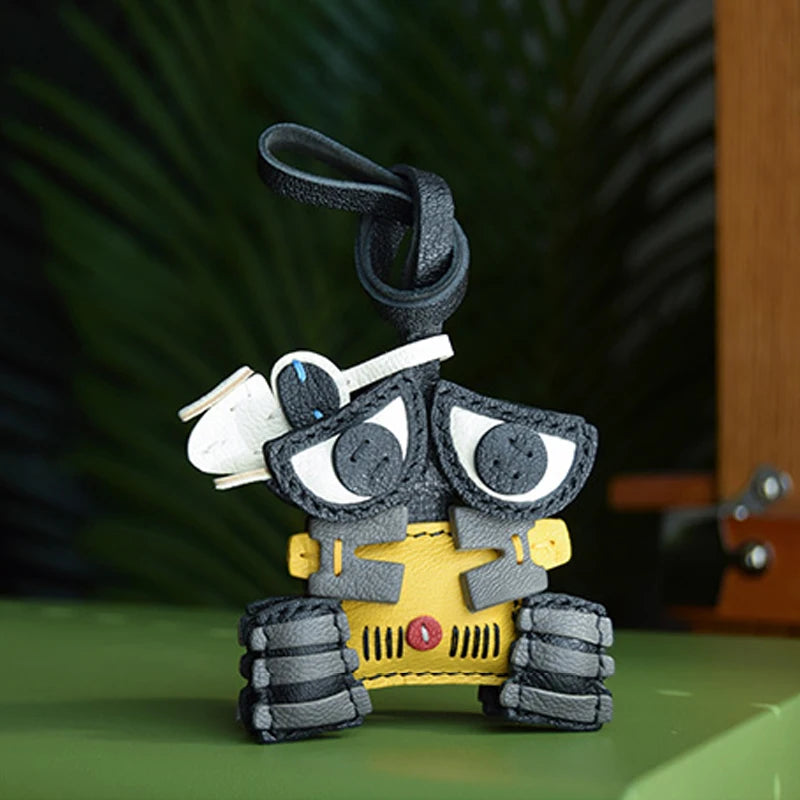 Handmade Leather Cute Robot Bag Charm KeyChain KeyRing