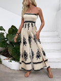 Trendy Smocked Tube Printed Wide Leg Jumpsuit