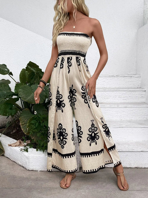 Trendy Smocked Tube Printed Wide Leg Jumpsuit