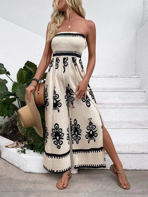 Trendy Smocked Tube Printed Wide Leg Jumpsuit