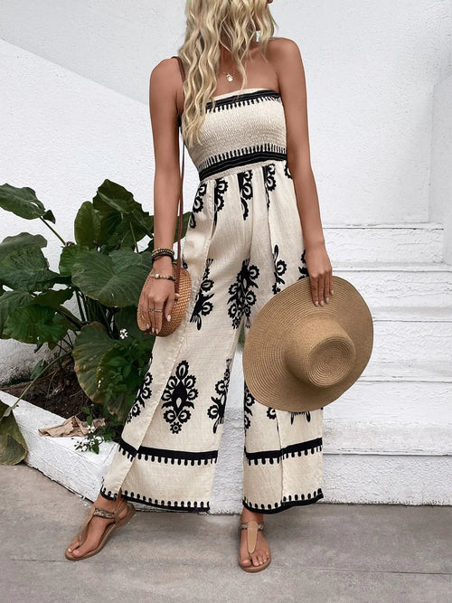 Trendy Smocked Tube Printed Wide Leg Jumpsuit