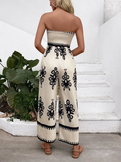 Trendy Smocked Tube Printed Wide Leg Jumpsuit